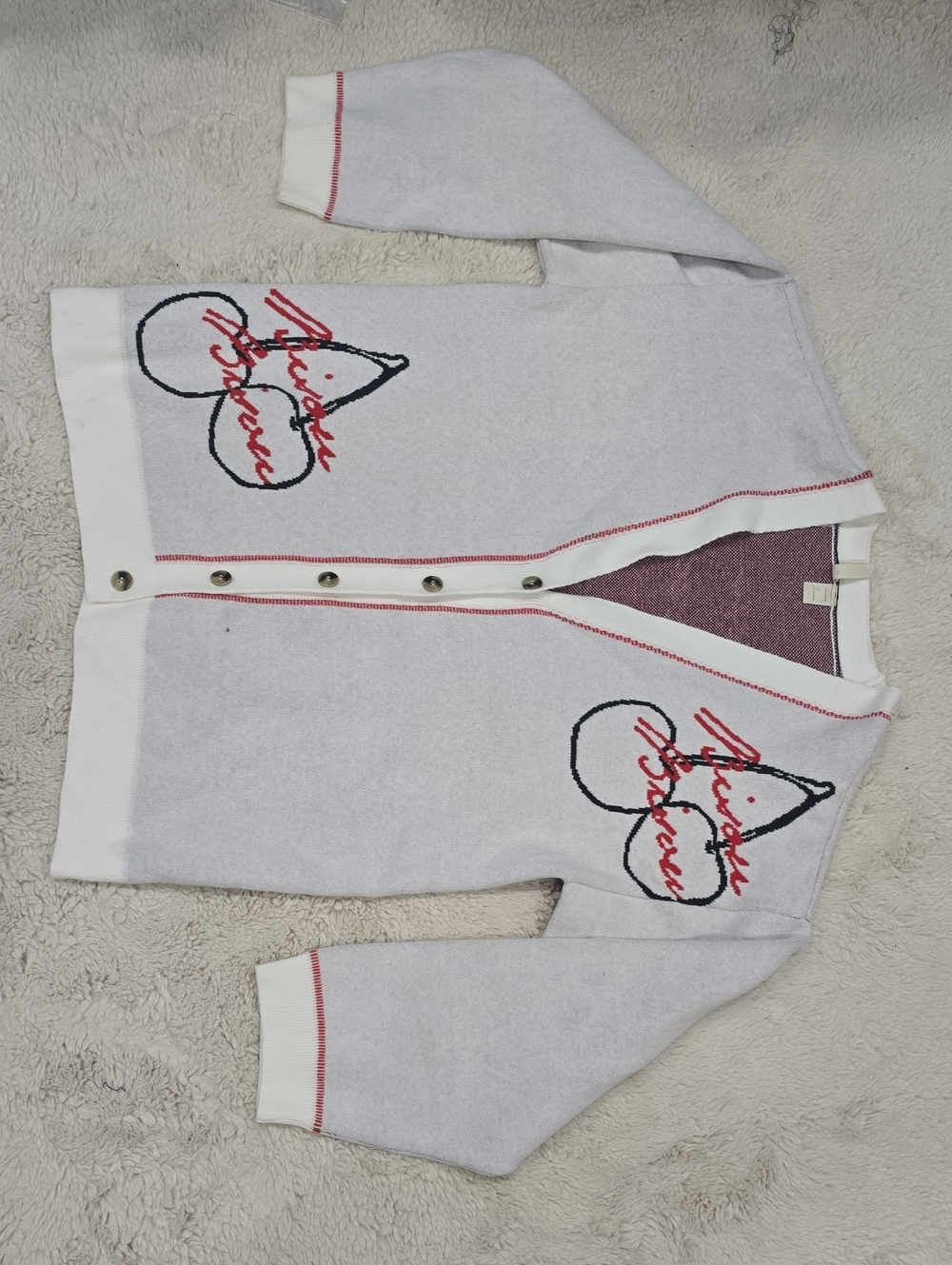 LYRE BIRD White Cardigan with Red and Black Heart Motifs